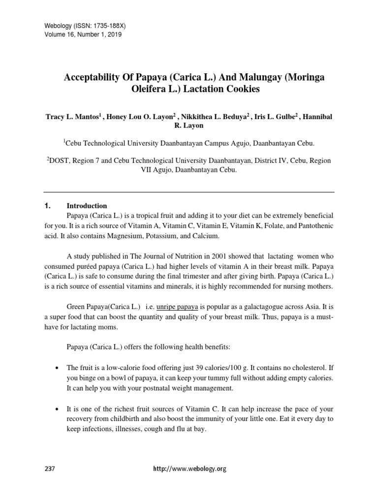 Papaya and Malunggay Lactation Cookies PDF Breast Milk Breastfeeding