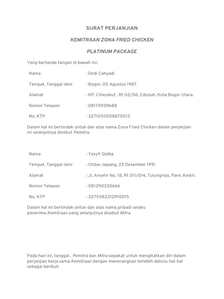 Perjanjian Kemitraan Zona Fried Chicken | PDF | Pengelolaan Keuangan & Uang