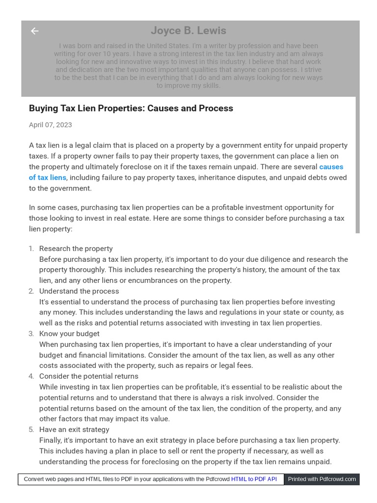 Causes and Process of Buying Tax Lien Properties PDF