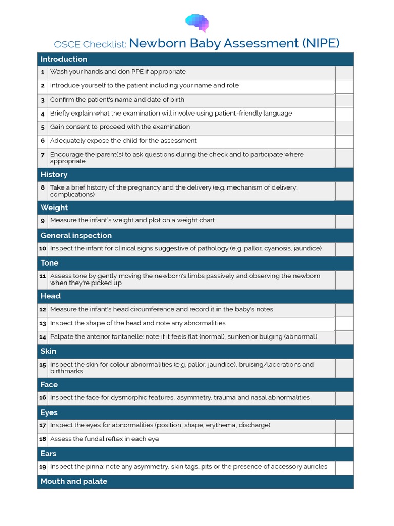 OSCE Checklist Newborn Baby Assessment NIPE | PDF | Diseases And ...