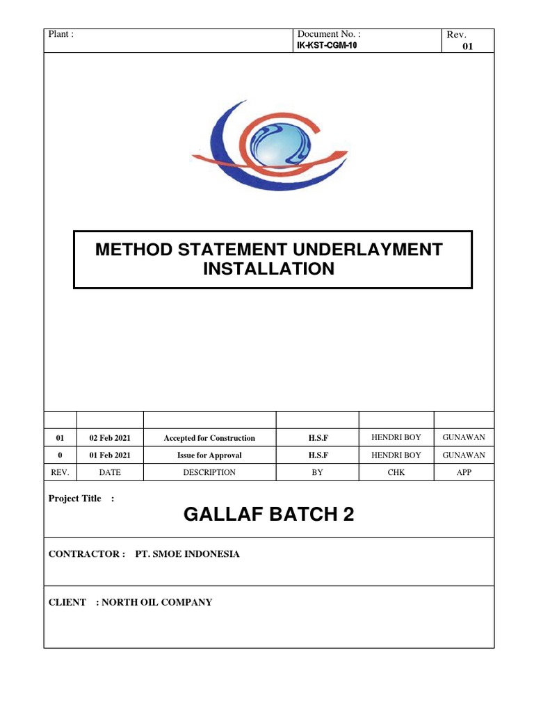 Underlayment Installation Method Statement | PDF | Technology & Engineering