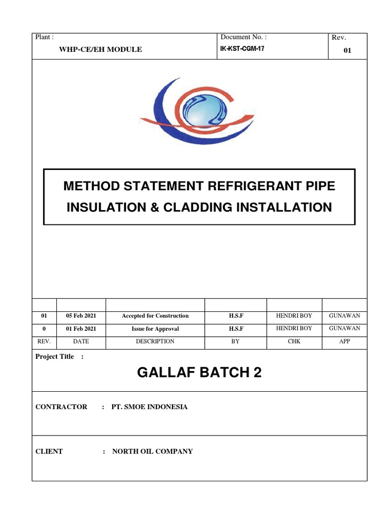 Method Statement of Refrigran Pipe Insulation and Cladding Installation