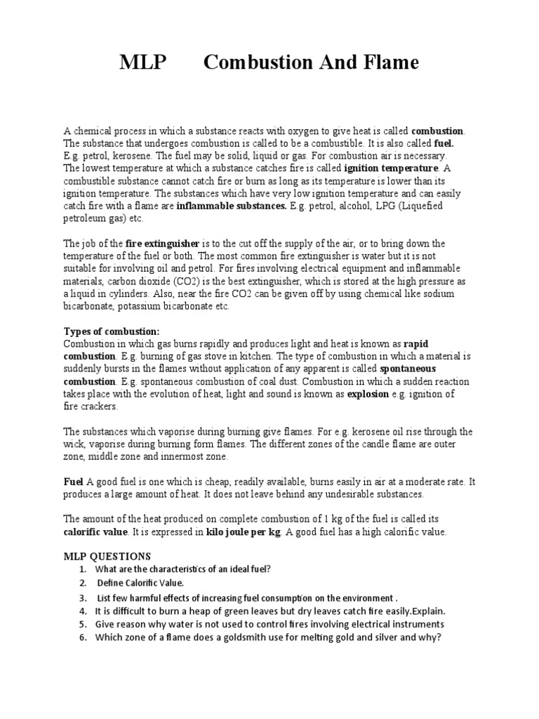 MLP HLP Class 8 Combustion and Flame | PDF