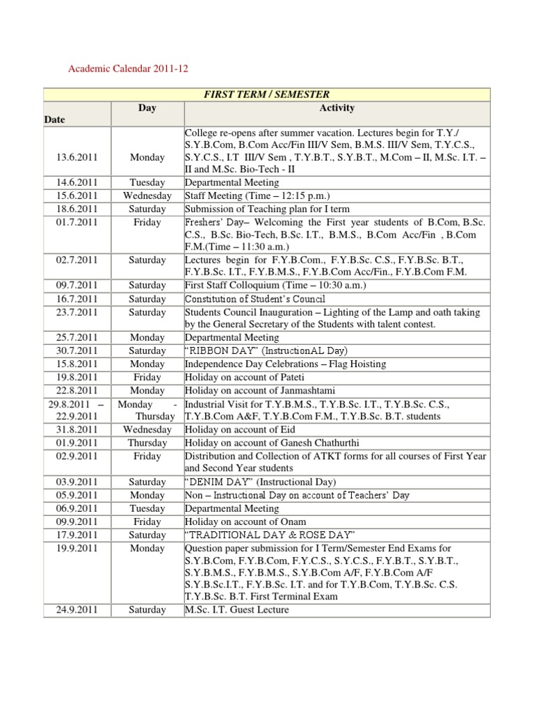 Academic Calendar 2011 | PDF | Academic Term | Holidays