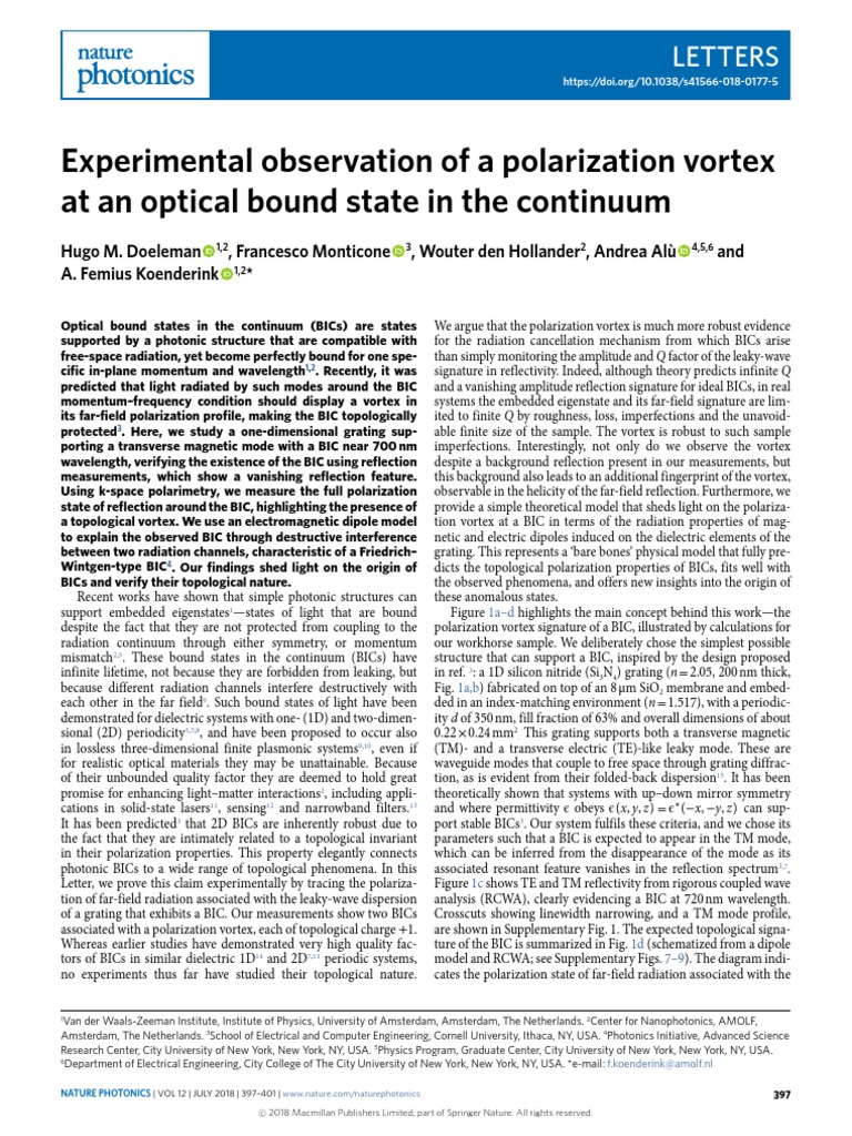 Experimental Observation of A Polarization Vortex at BIC | PDF