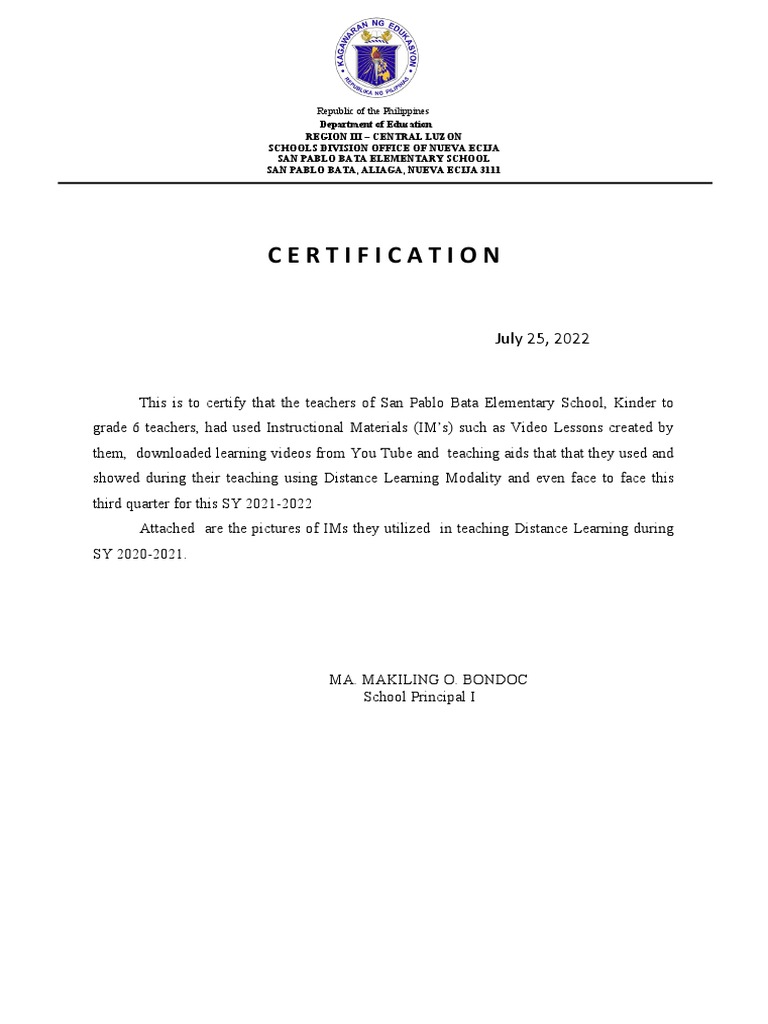 Certification of IM Use at Bata Elementary | PDF