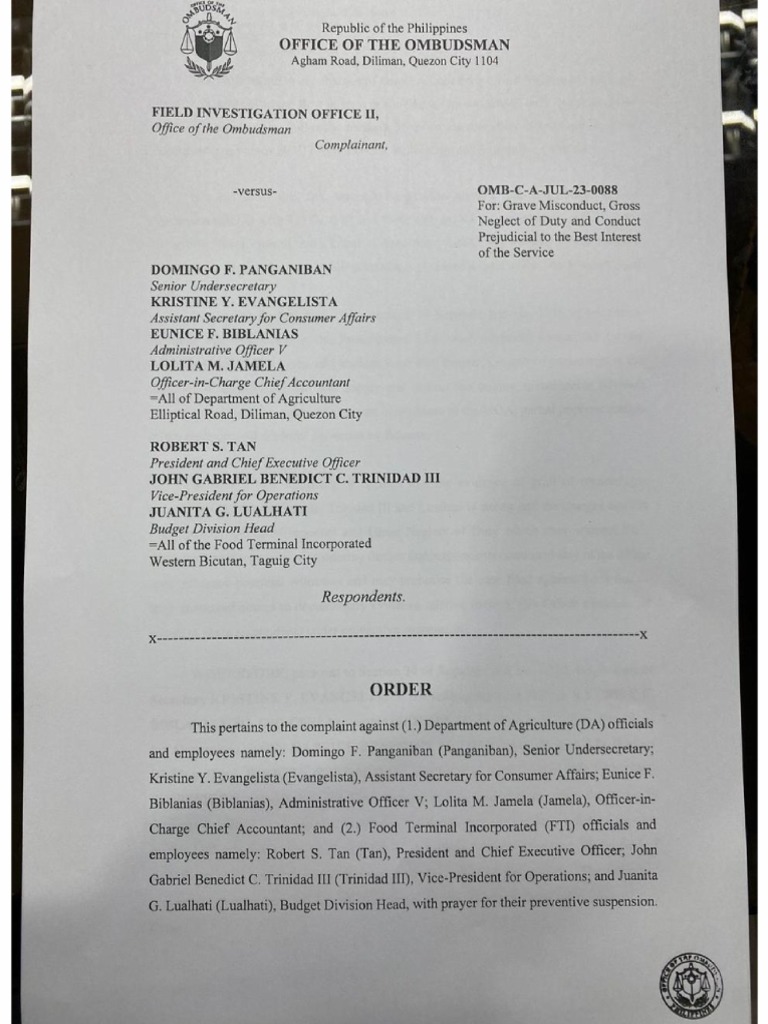 Ombudsman's Order Suspending Some Agriculture Officials Download Free