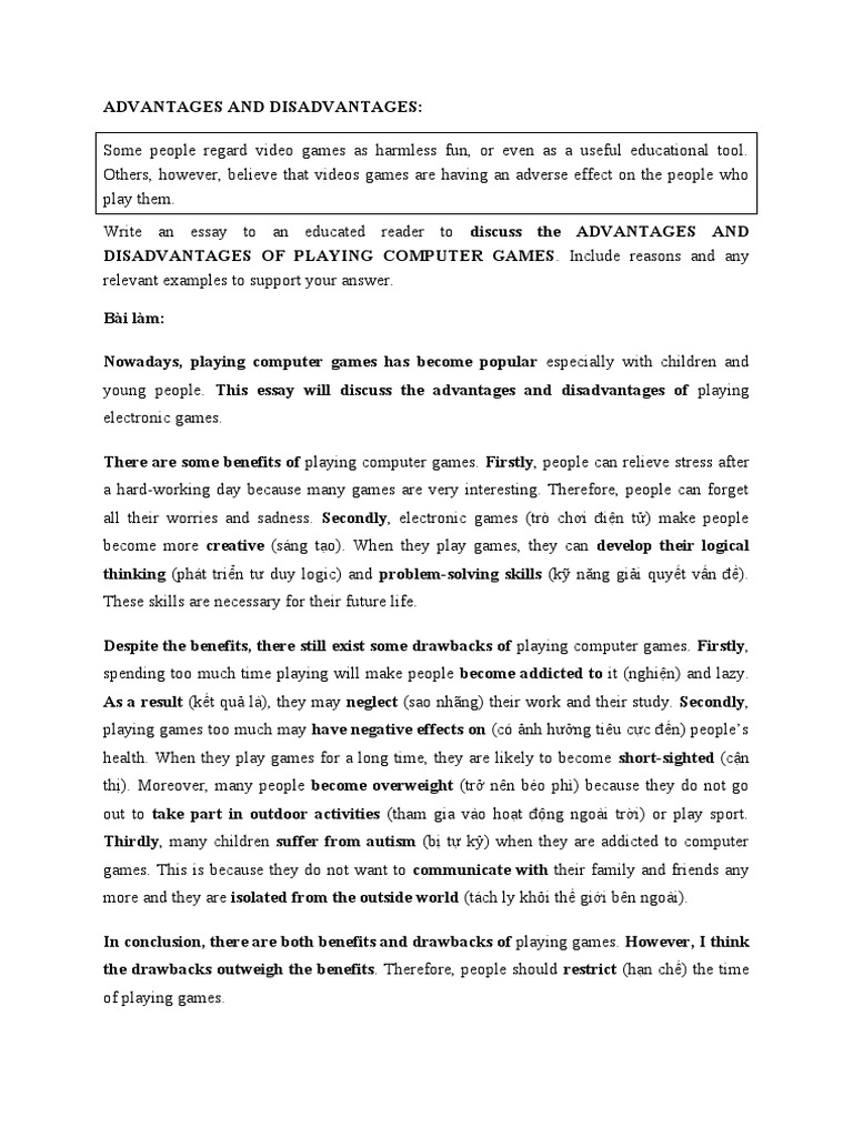 Advantages and Disadvantages of Playing Computer Games (Easy Version) PDF