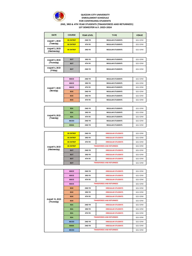 Qcu 2023 - 2024 Continuing-Schedule-Of-Enrollment | PDF