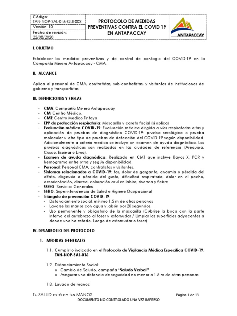 Protocolo de Medidas Preventivas Contra El Covid 19 en Antapaccay | PDF ...