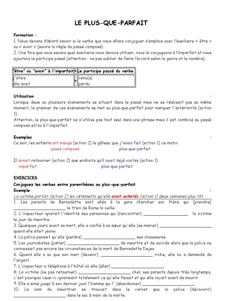 Plus Que Parfait Exercices à Imprimer Plus-Que-Parfait - Théorie Et Exos | PDF | Verbe | Langues