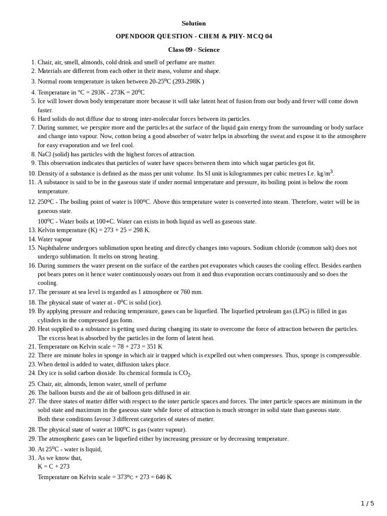 Solution Opendoor Question - Chem & Phy - MCQ 04 | PDF | Science ...