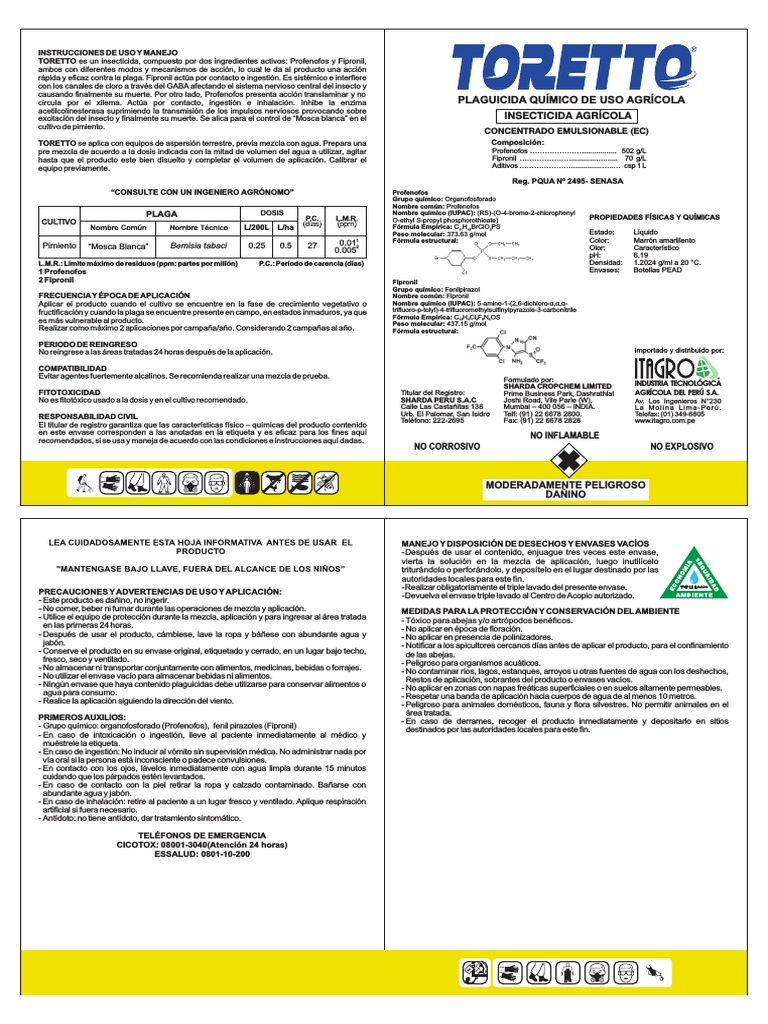 Ficha Técnica del Insecticida Toretto | PDF | Agua | Alimentos