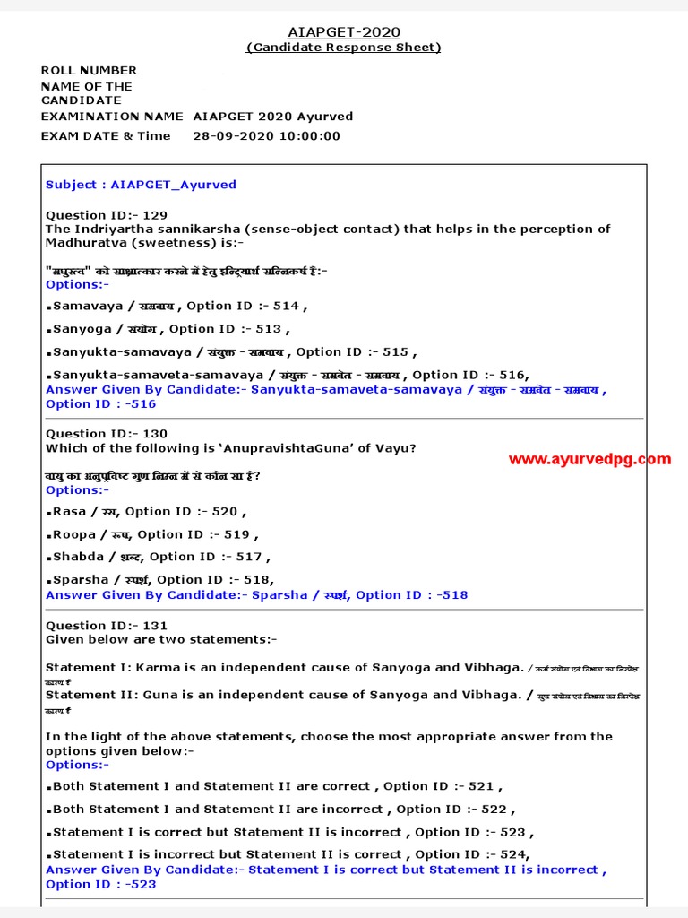 AIAPGET 2020 Question Paper Ayurveda PDF