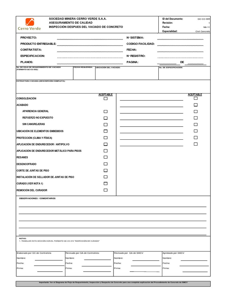 QC-CC-005 - Inspección Después Del Vaciado de Concreto - V1 | PDF ...