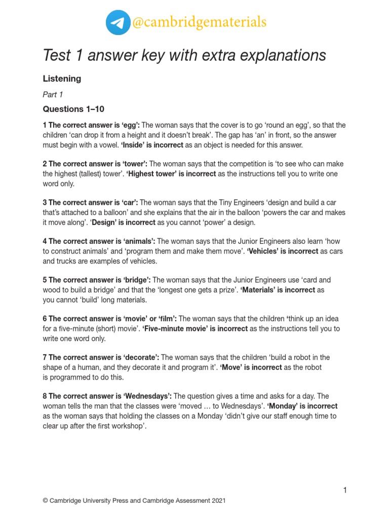 IELTS 16, Test 1 Answer Key, Listening L@cambridgematerials | PDF ...
