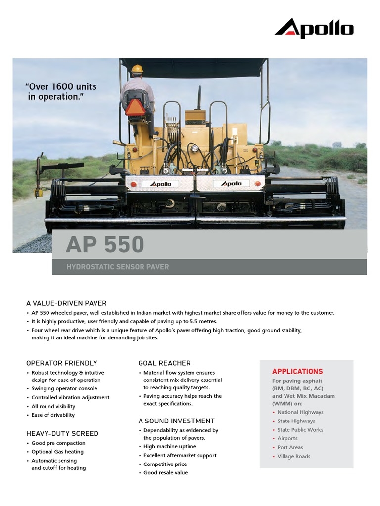 Apollo AP 550 Sensor Paver Overview | PDF | Engines | Tire