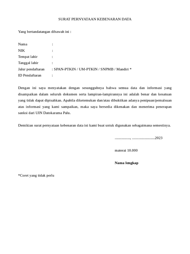 Surat Pernyataan Kebenaran Data V1 Pdf