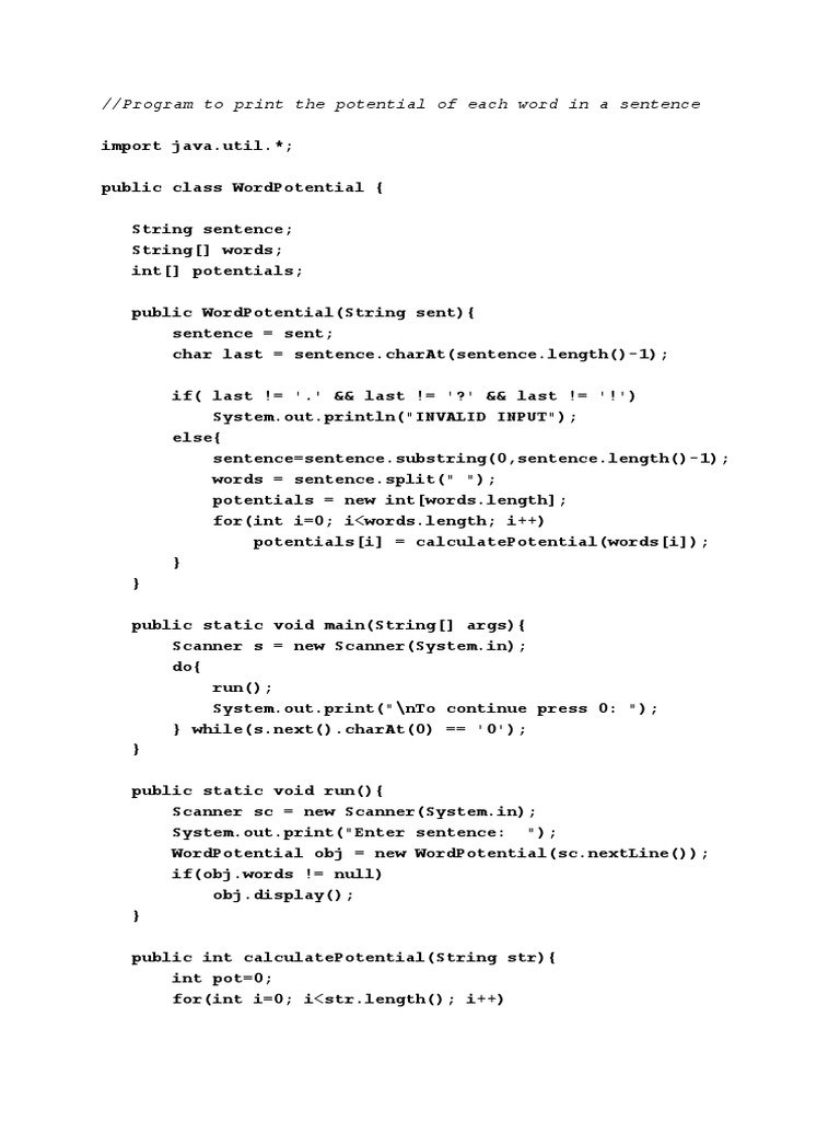 Java Program for Word Potential Calculation | PDF