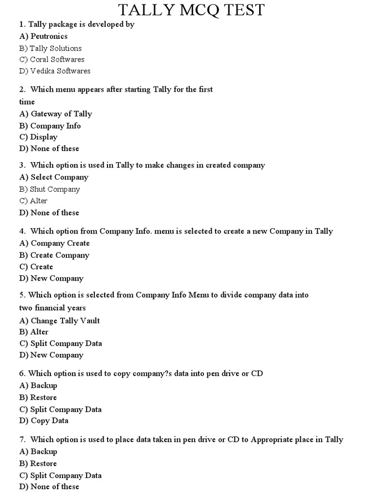 Tally MCQ Test PDF