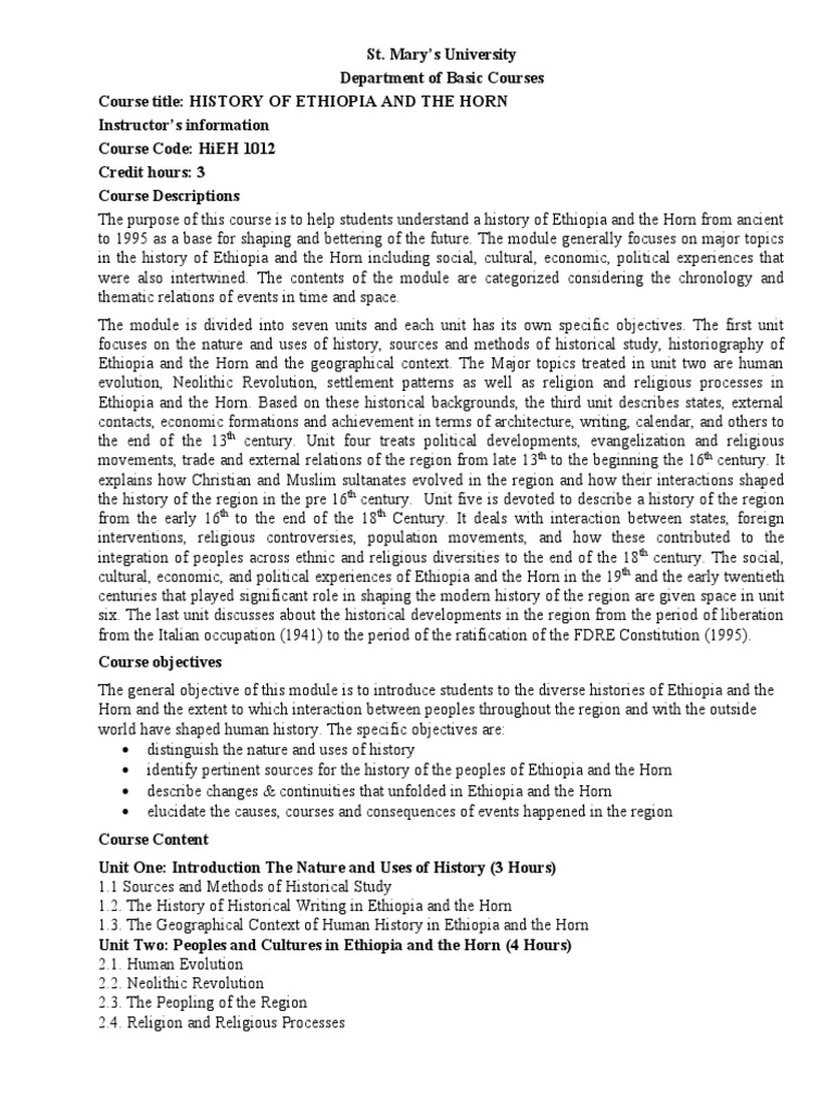 Course Outline History of Ethiopia | PDF | Ethiopia | Horn Of Africa