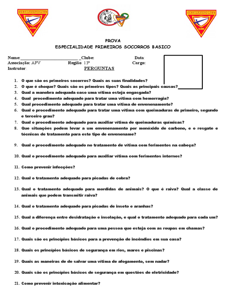 Prova Primeiros Socorros Basico | PDF