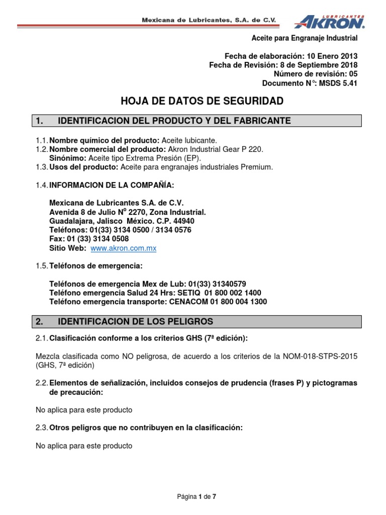 MSDS Akron Industrial Gear P 220 PDF Agua Combustión