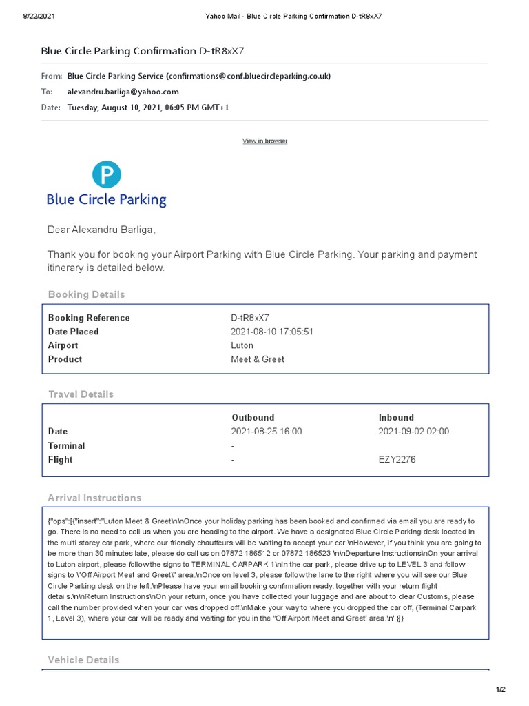 Yahoo Mail Blue Circle Parking Confirmation DtR8xX7 PDF Value