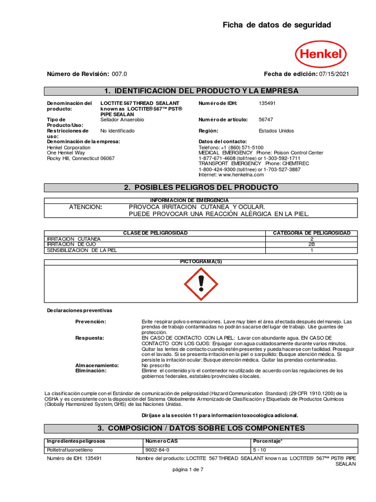 Loctite 567 Thread Sealant PDF Combustión Agua