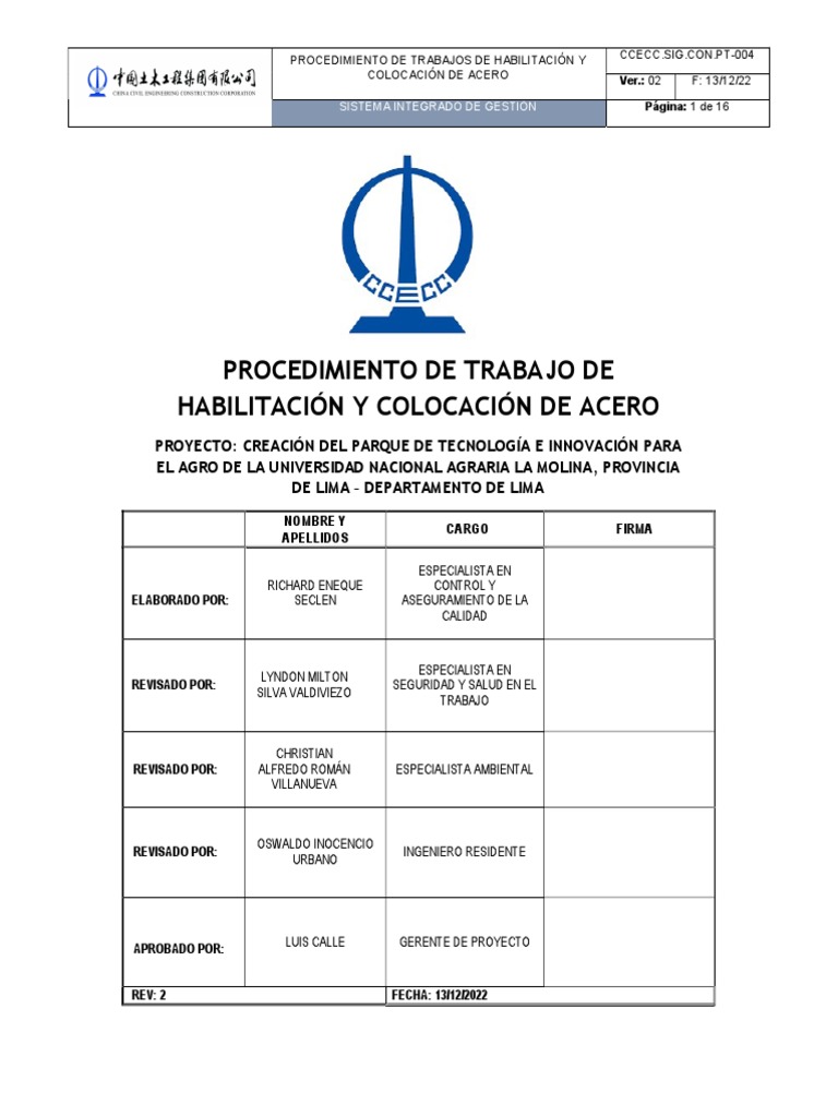 Procedimiento de habilitaci n y colocaci n de acero rv 02 pdf