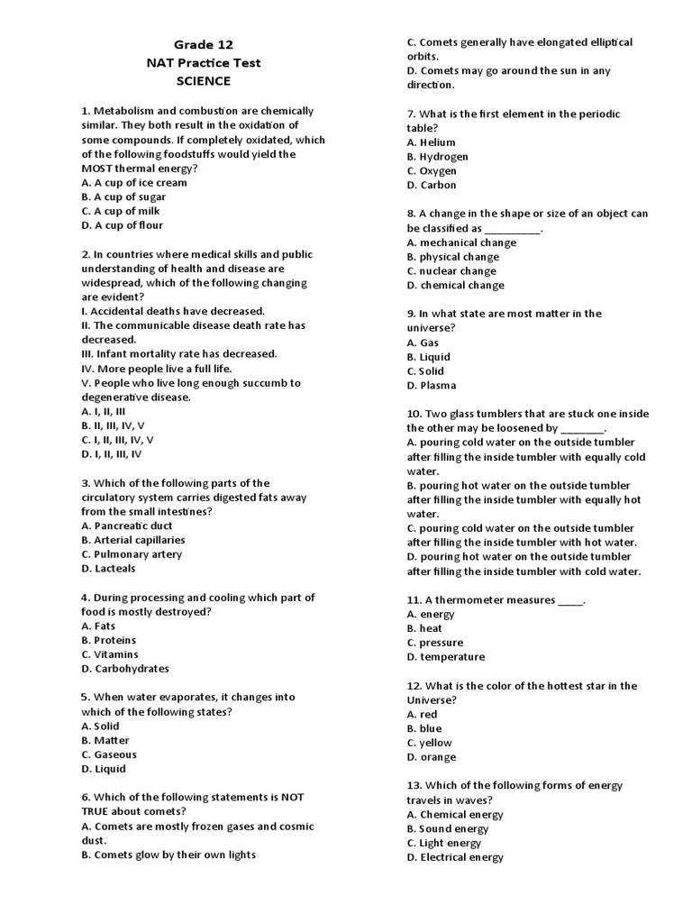 Grade 12 nat practice test science pdf water liquids