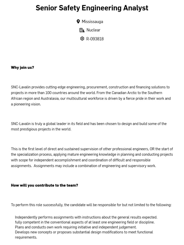 Senior Safety Engineering Analyst PDF Engineering Engineer