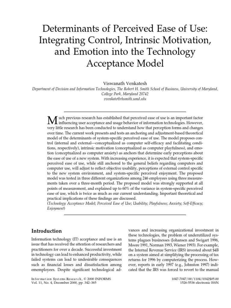 Determinants of Perceived Ease of Use: Integrating Control, Intrinsic ...