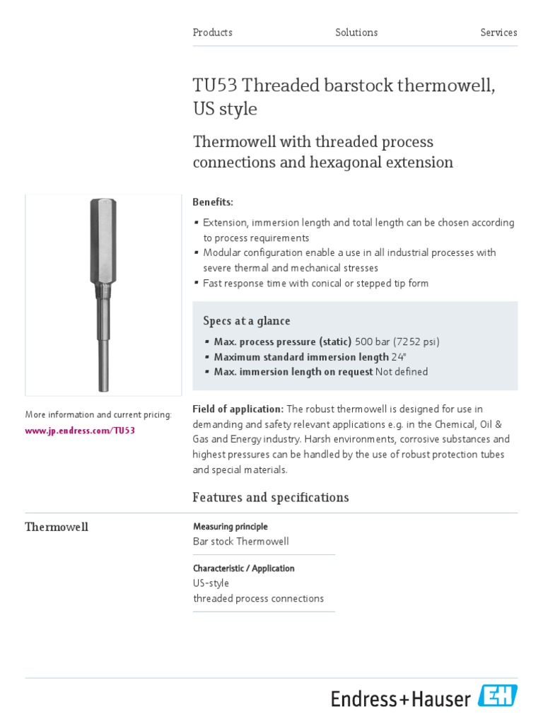 Endress-Hauser Thermowell U S Style TU53 EN | PDF | Pressure | Physical ...