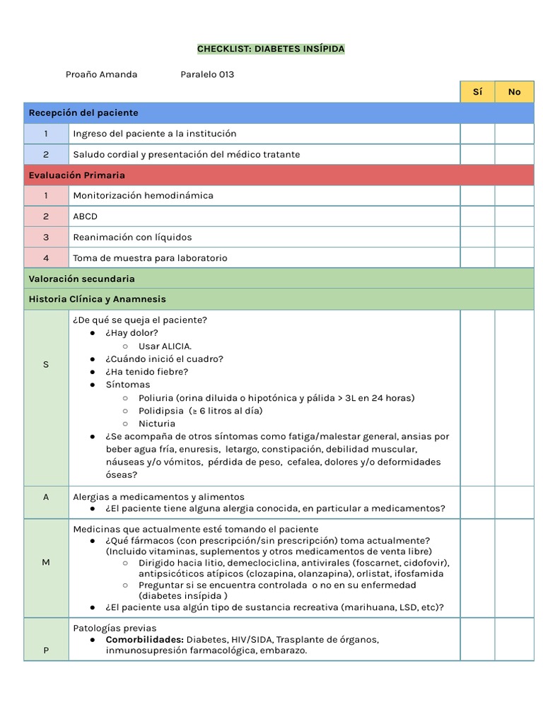Checklist - Diabetes Insipida | PDF | Medicina | Causas de la muerte