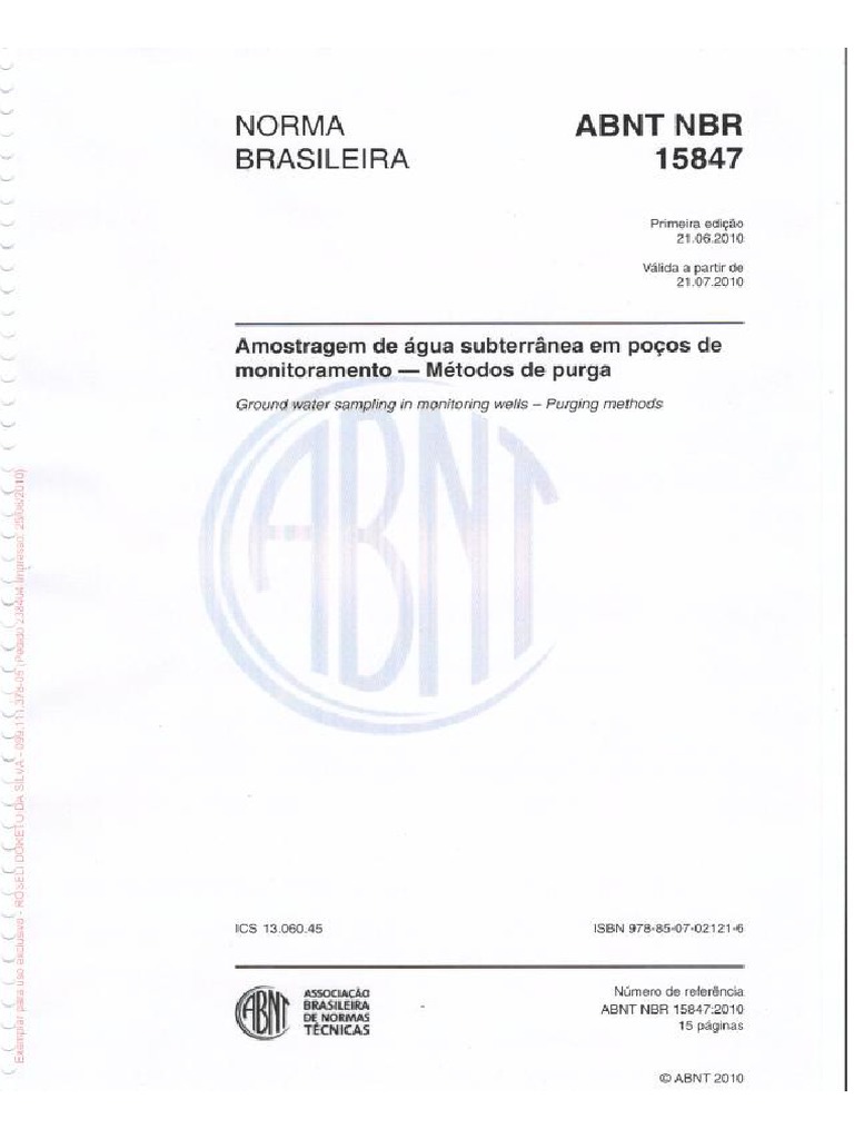 ABNT NBR_15847 Amostragem de Água Subterranea Em Poços de Monitoramento ...