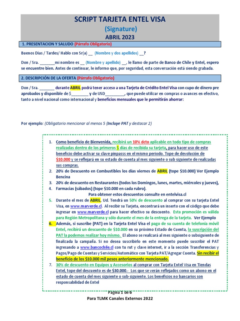 Script Entel Visa Signature - ABRIL 2023 Final - 2 | PDF