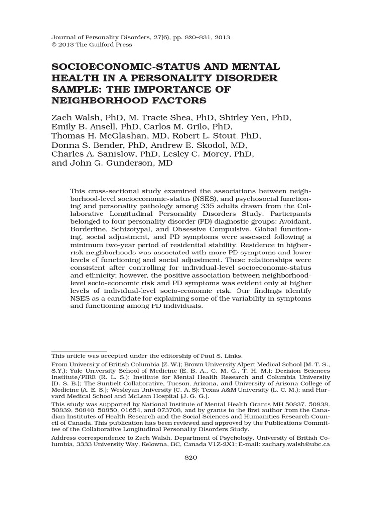 SocioeconomicStatus and Mental Health in A Personality Disorder Sample The Importance of