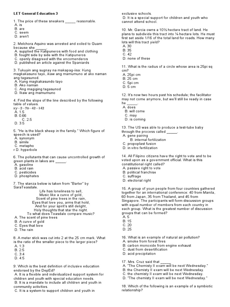 LET General Education Practice Test | PDF | Anaerobic Digestion ...