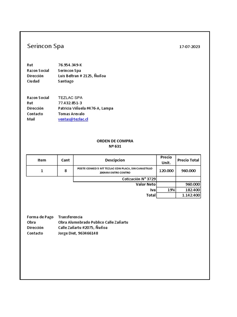 Orden de Compra Serincon Spa 2023 | PDF