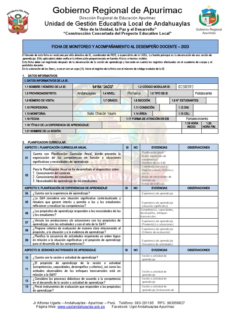 Ficha de Monitoreo Al Desempeño Docente 2023 | PDF | Evaluación | Maestros