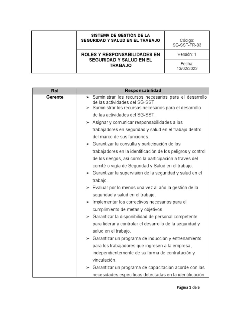 SG-SST-FR-03 Roles y Responsabilidades en Seguridad y Salud en El ...
