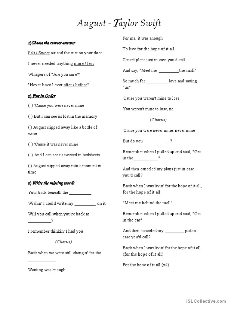 August taylor swift pdf