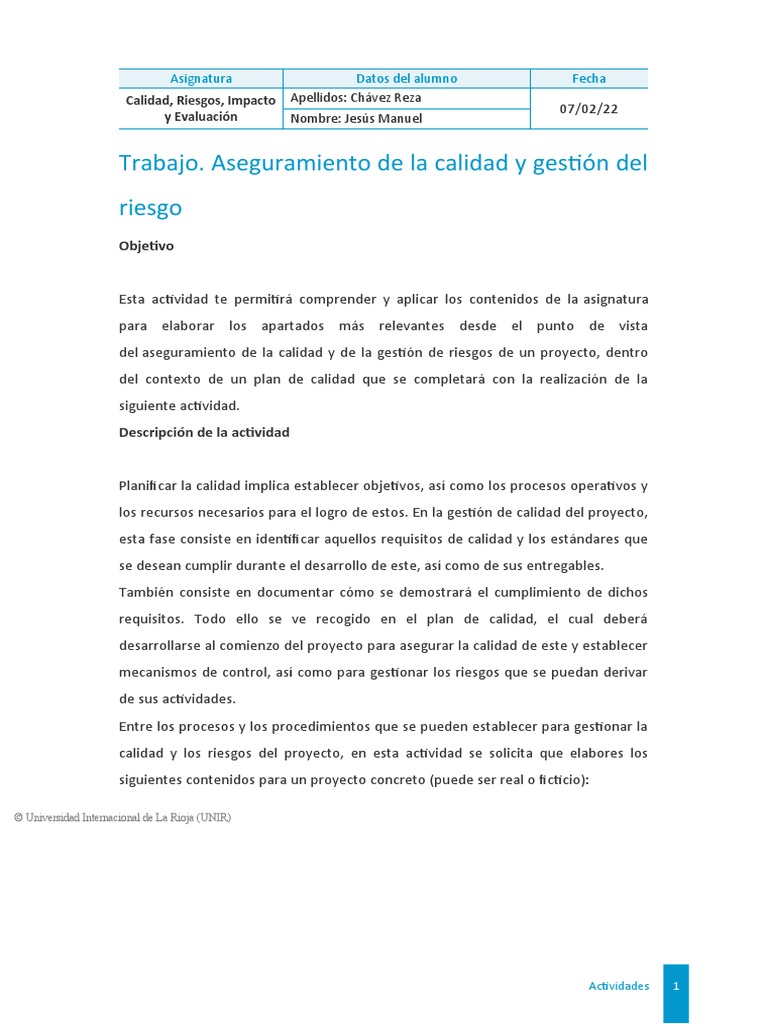 Actividad 4. Trabajo. Aseguramiento de La Calidad y Gestión Del Riesgo ...