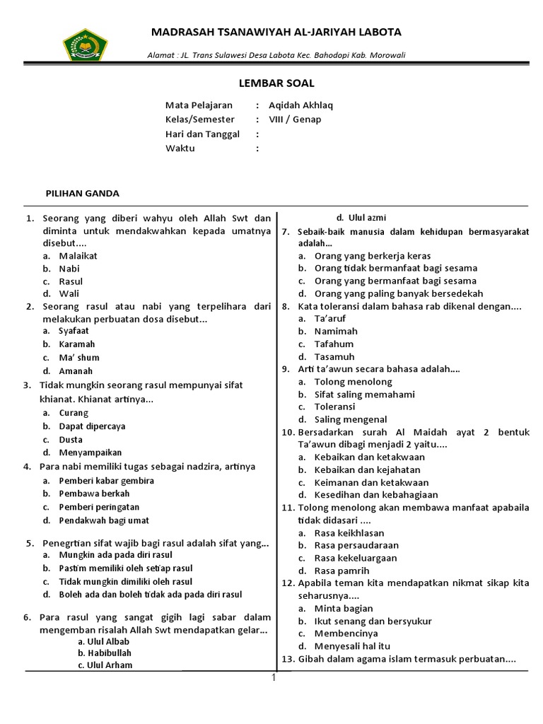 Soal aqidah akhlak kelas viii pdf