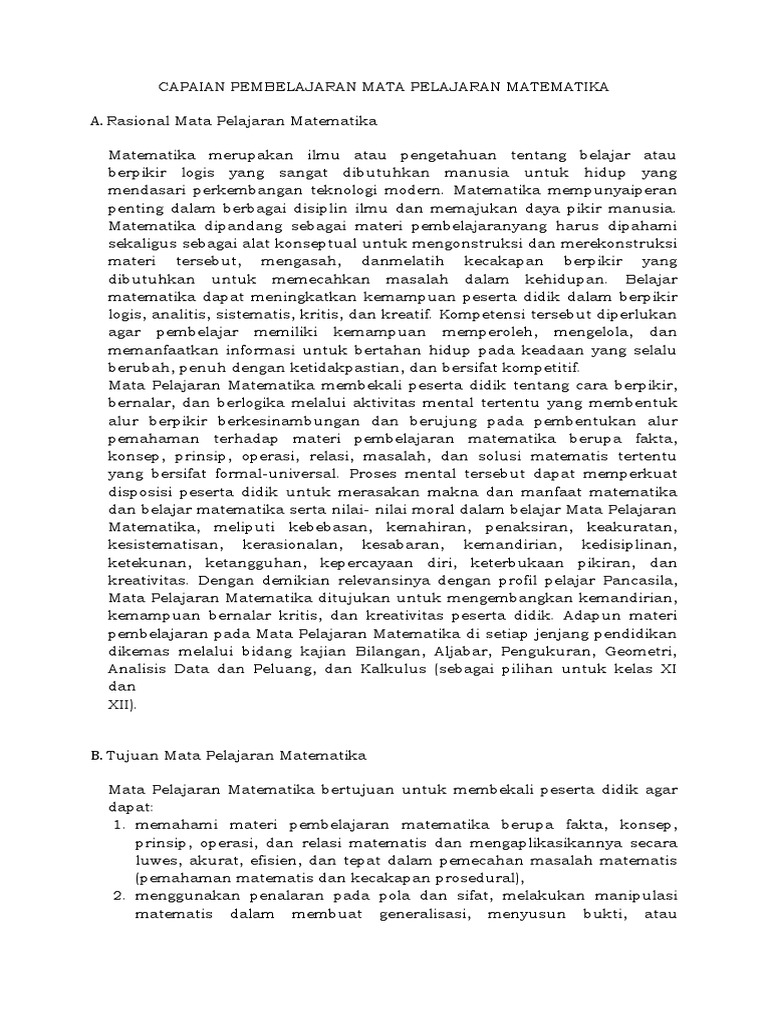 Capaian Pembelajaran Matematika | PDF | Metode & Bahan Ajar