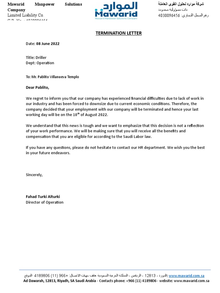Mawarid Manpower Solutions Company - Termination Letter شركة موارد ...