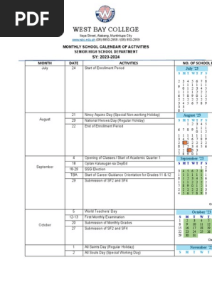 School Calendar Activities for SY 2023- 2024