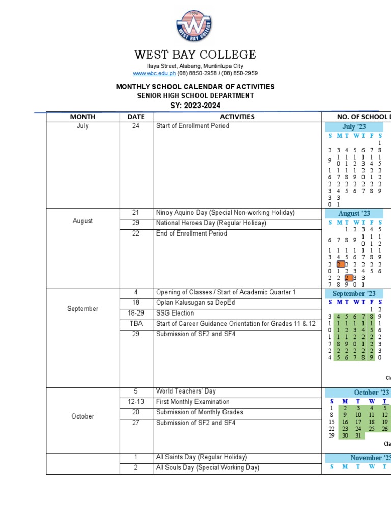 School Calendar Activities For SY 2023 2024 Download Free PDF