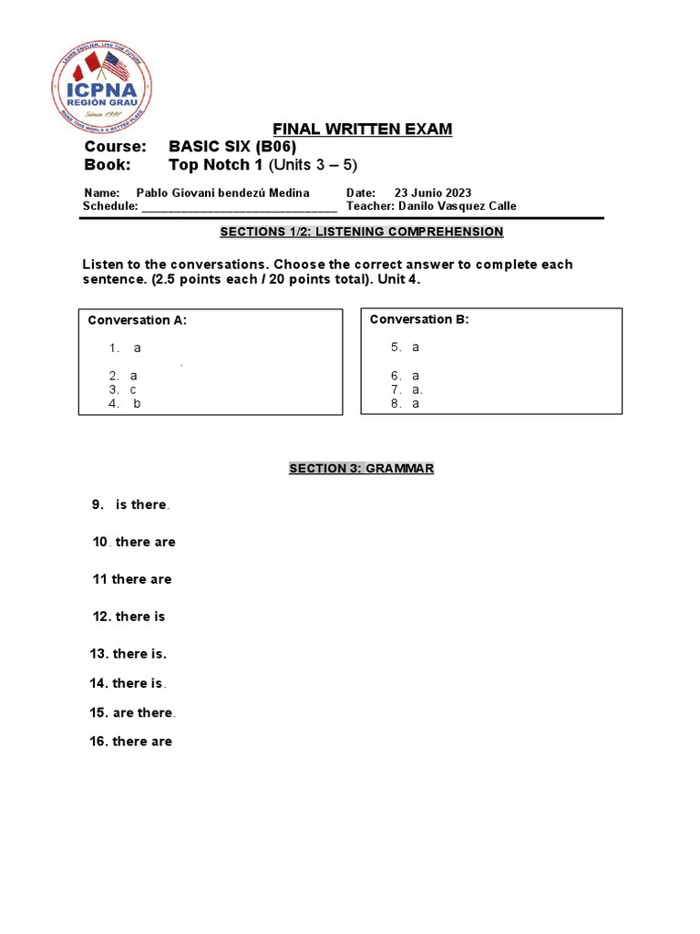 Final Written Exam Course Basic Six (B06) Book Top Notch 1 (Units 3